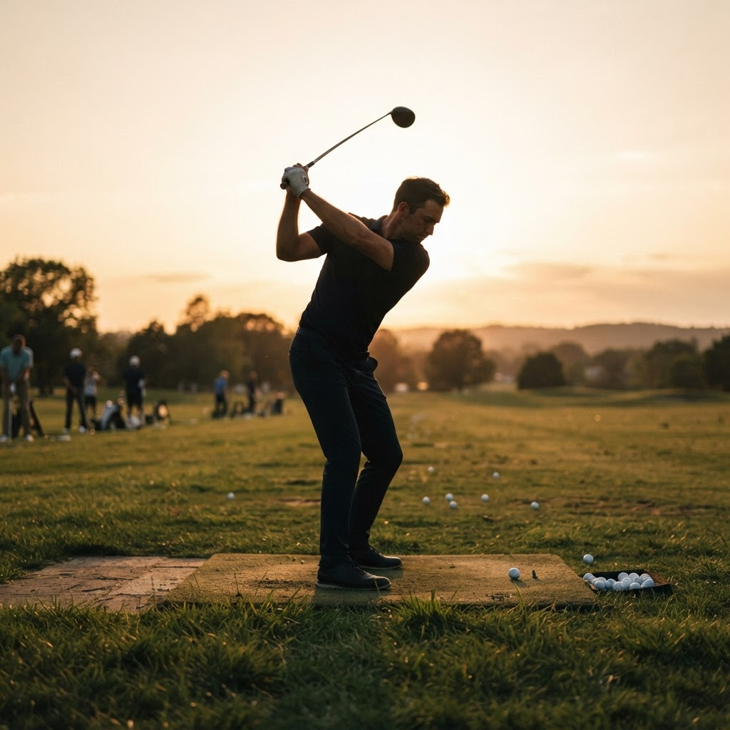 Golfer mid swing on a practice range at golden hour